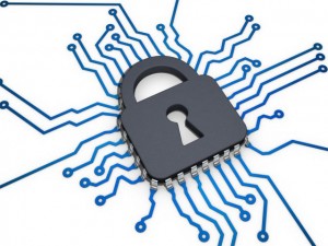 A padlock sits at the center of a circuit board pattern, symbolizing cybersecurity and data protection in digital technology. Blue electronic lines connect around the lock.