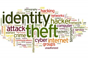 A colorful word cloud with large words like "identity," "theft," "attack," "hacker," "cyber," and "internet," surrounded by related terms such as crime, networks, unauthorized, pornography, data, and terrorism.