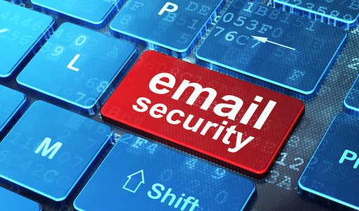 Red keyboard key printed with the words email security, representing layered protection for business email