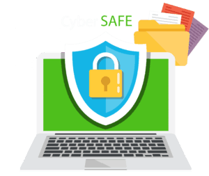 An illustration of a laptop with a green screen, a shield and padlock symbol over it, and folders with documents in the background. The text "Cyber SAFE" appears at the top, highlighting cyber security Ireland awareness.