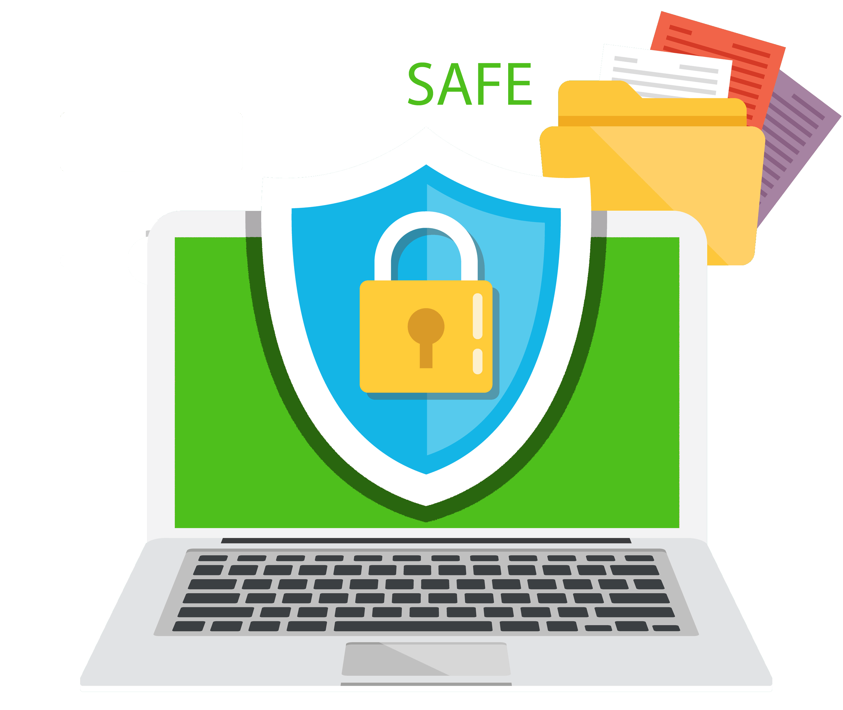 An illustration of a laptop with a green screen, a shield and padlock symbol over it, and folders with documents in the background. The text "Cyber SAFE" appears at the top, highlighting cyber security Ireland awareness.