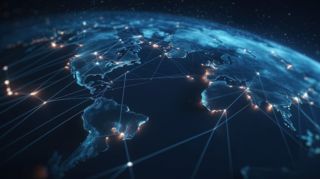 A glowing digital map of Earth shows North and South America, Europe, and Africa, connected by illuminated lines and nodes representing global communication and data networks across continents.