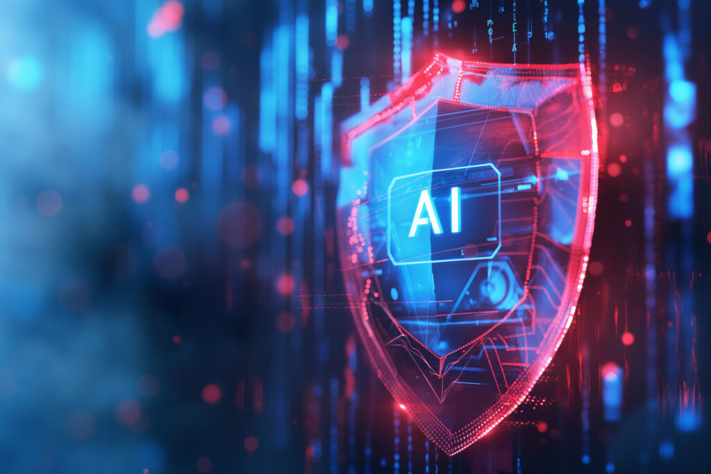 A glowing, futuristic shield with "AI" written on it, surrounded by digital blue and red light patterns, symbolizing AI cybersecurity and advanced cyber protection.