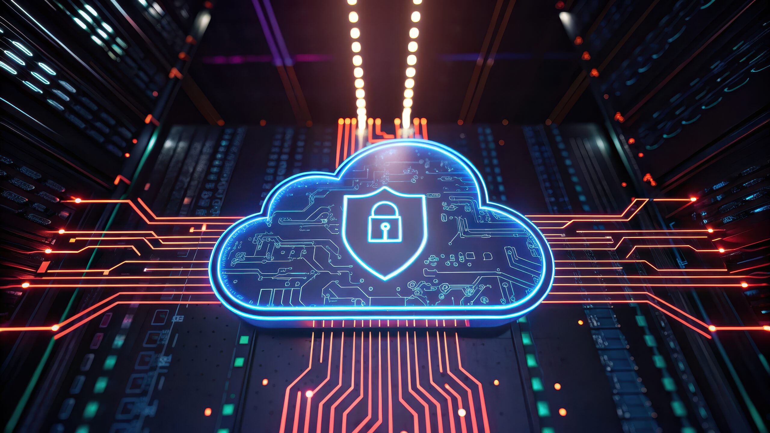 A glowing blue cloud with a padlock icon in the center represents cloud security and a robust cybersecurity backup strategy, surrounded by digital circuit lines in a futuristic server room.