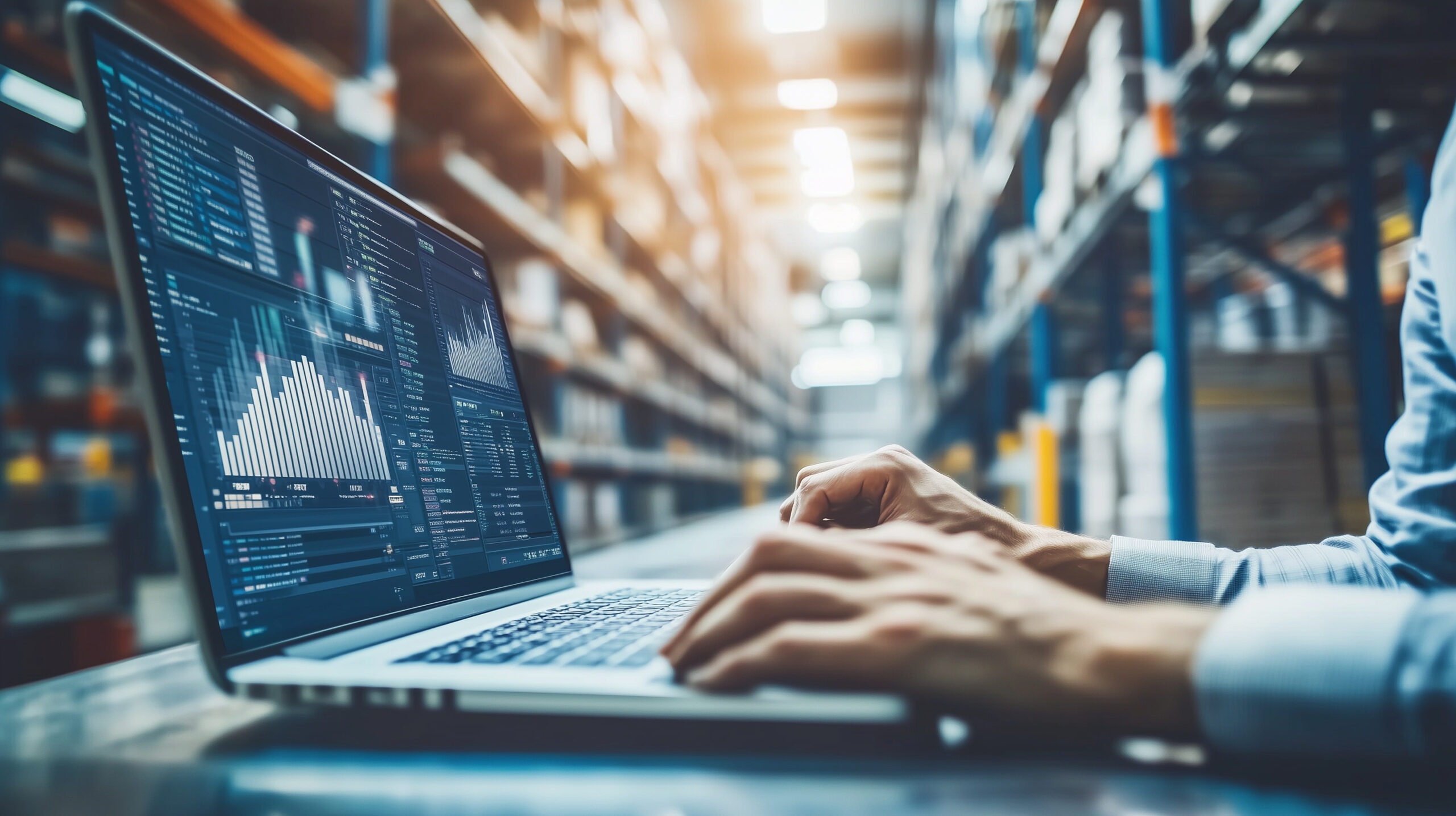 A person using a laptop with data analytics charts on the screen, sitting at a desk in a warehouse filled with shelves stocked with boxes.