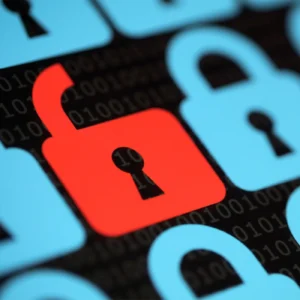 Red padlock icon over a blue circuit board background, representing a managed firewall protecting business network traffic