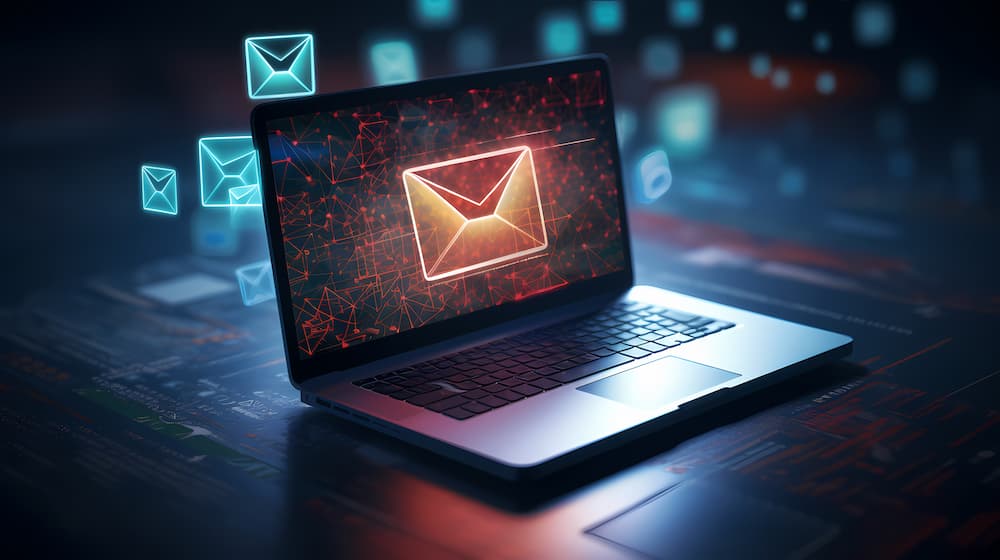 A laptop displaying a large, glowing email icon on its screen, with several floating email icons around it, symbolising digital communication or email correspondence. The scene has a high-tech, futuristic feel.