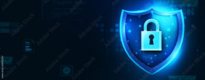 Cyber attack response plan concept: glowing blue digital shield with padlock for Irish SME incident response